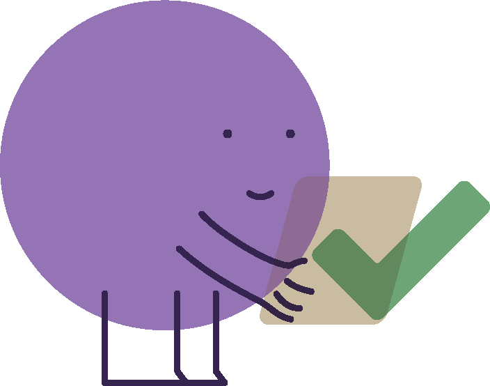 purple illustration of smiling figure holding a clipboard